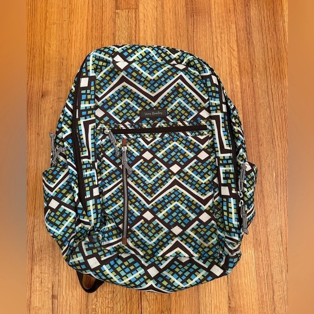 Vera Bradley Bright Green Blue Brown Geometric laptop Nylon Canvas Backpack